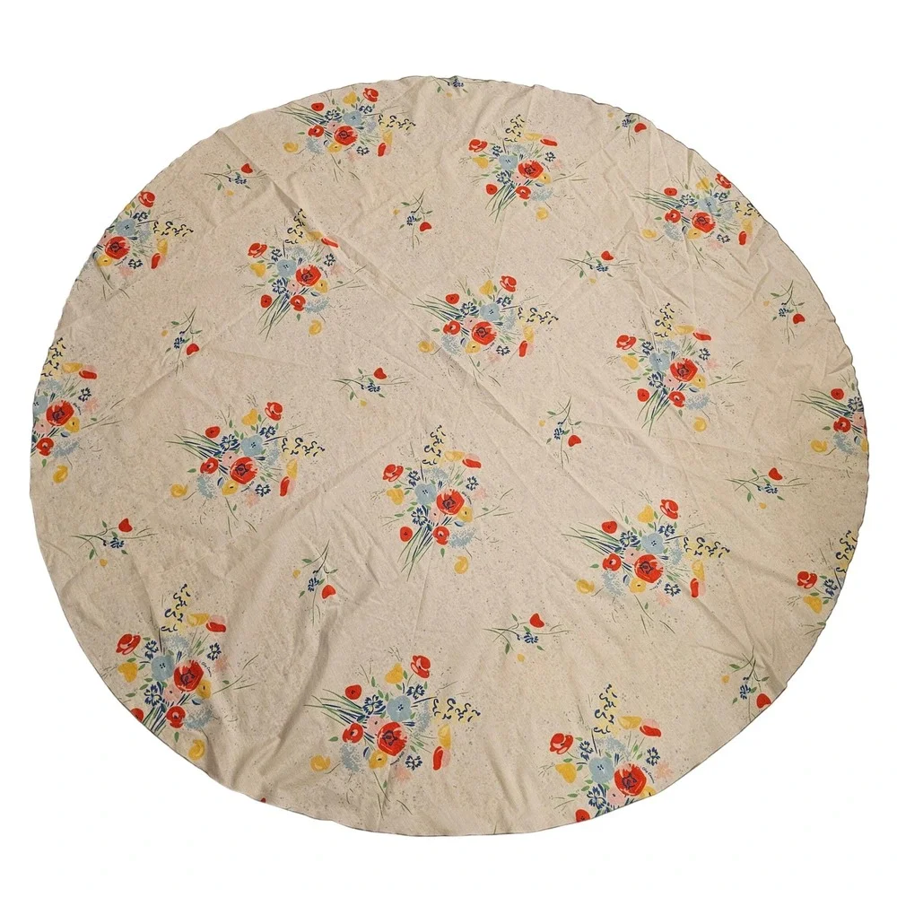 Oleg Cassini Vintage Round Floral Tablecloth White Red Blue 68 Inch Diameter